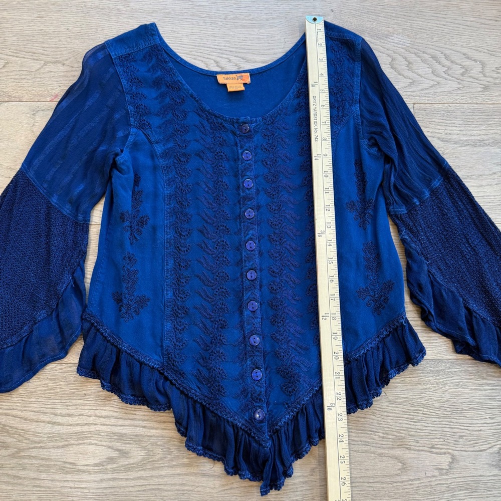 Sakkas Womens Boho Embroidered Bell Sleeve Button Down Blouse Navy Blue Medium - Picture 10 of 10